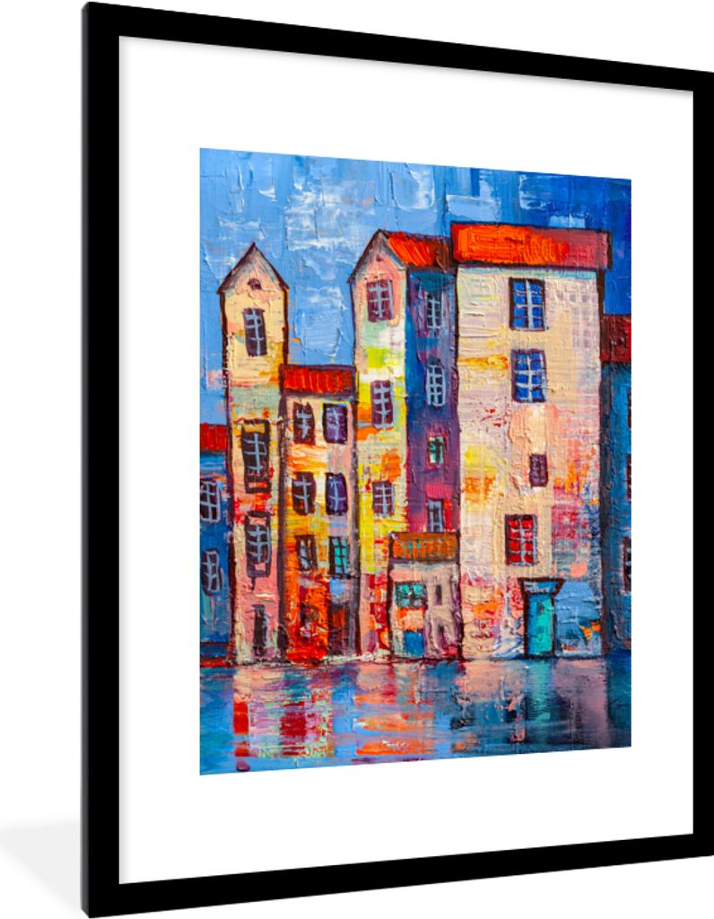MuchoWow Gerahmtes Poster Malerei - Ölfarbe - Haus - Wasser 60x80 cm - Poster mit Schwarzem Bilderrahmen Wandposter Rahmen Foto Bilder - Wohnzim...