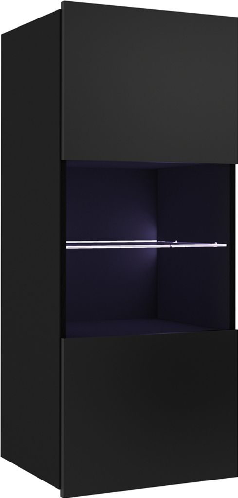 Vitrine Amanda Hängevitrine mit Teilweise Glastüren Hängeschrank Wandschrank (Schwarz matt + Schwarz Hochglanz Fronten)