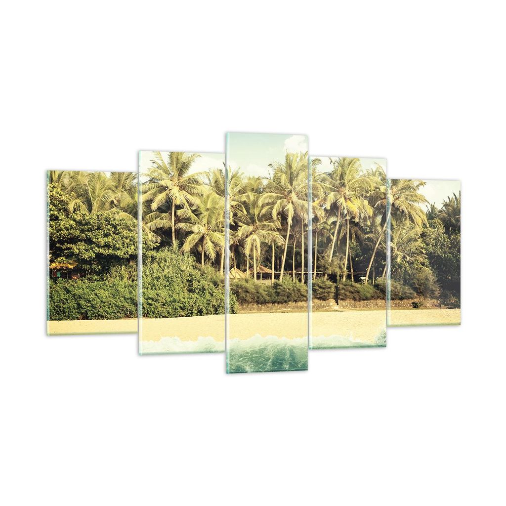Bilder auf glas - 5 Teile - Natur Strand Palmen - 160x85cm - Glasbilder - Wandbilder - Bilder - zum Aufhängen bereit - Wanddekoration aus Glas - G...