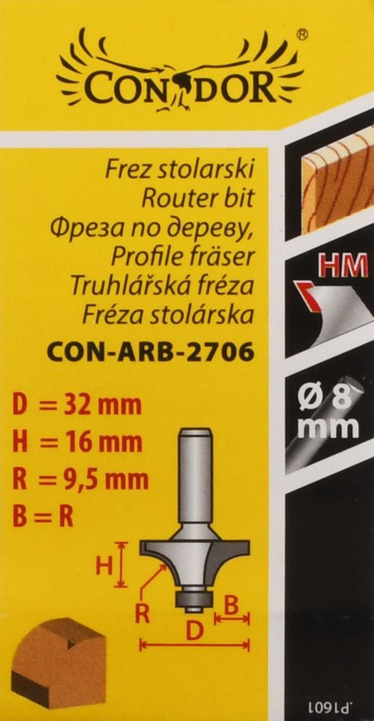Condor frez do drewna, do zaokrągleń fi=32 9,52 x 16mm trzpień 8mm z łożyskiem