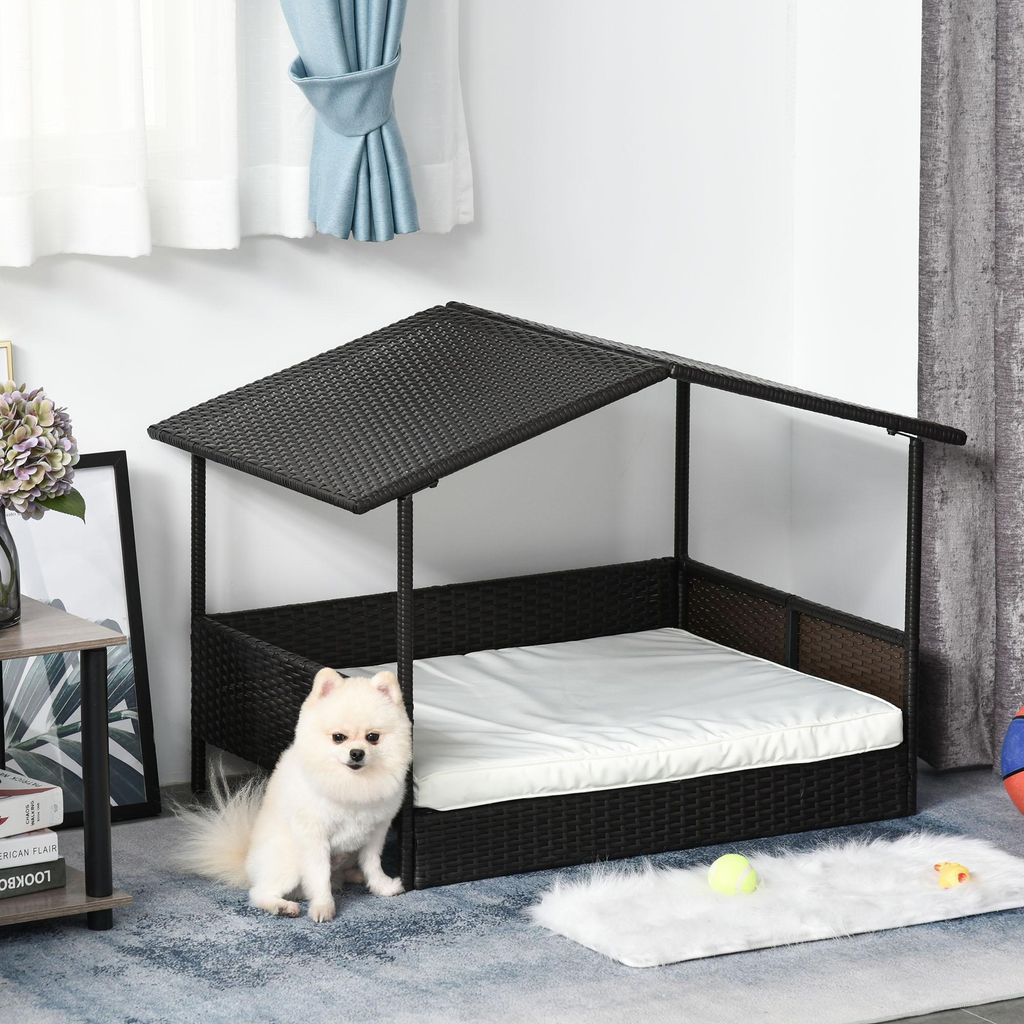 Rattan Hundeliege Outdoor mit Dach, Erhöhtes Hundebett für kleine und mittelgroße Hunde, Kühlendes Haustierliege mit Metallrahmen, Kissen für ...