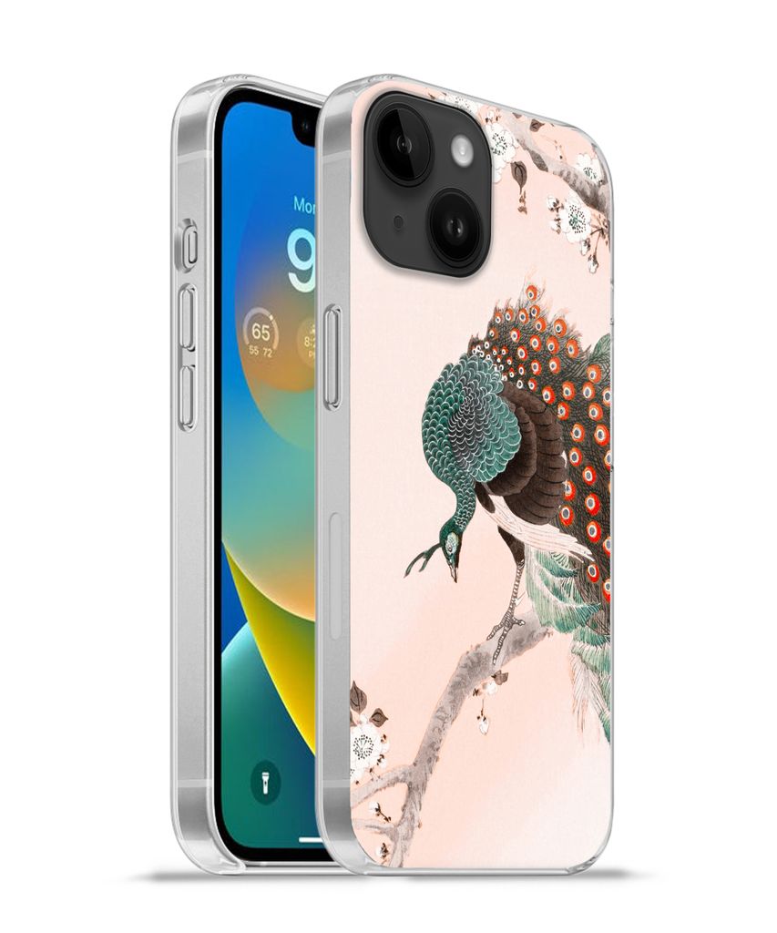 MuchoWow Handyhülle Schutzhülle Hülle für Apple iPhone 14 - Softcase Blüte - Pfau - Federn - Japandi Silikon Softcase Handy Hülle - Mobilte...