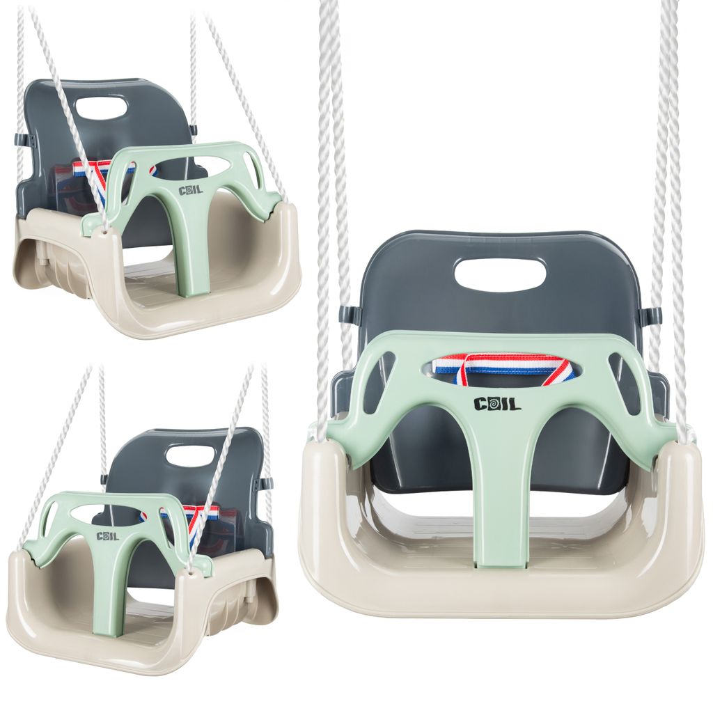A collage of three images showing a baby swing seat from different angles.