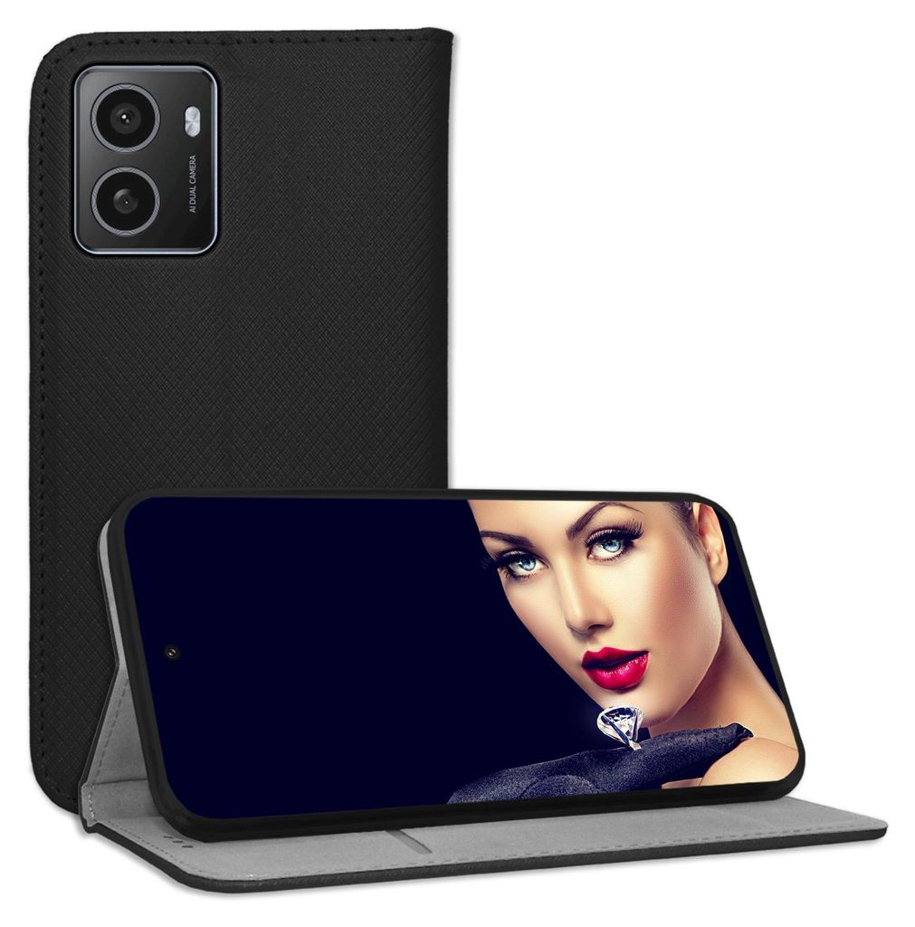 A black book-style phone case is shown open, with a smartphone displaying an image of a woman's face.