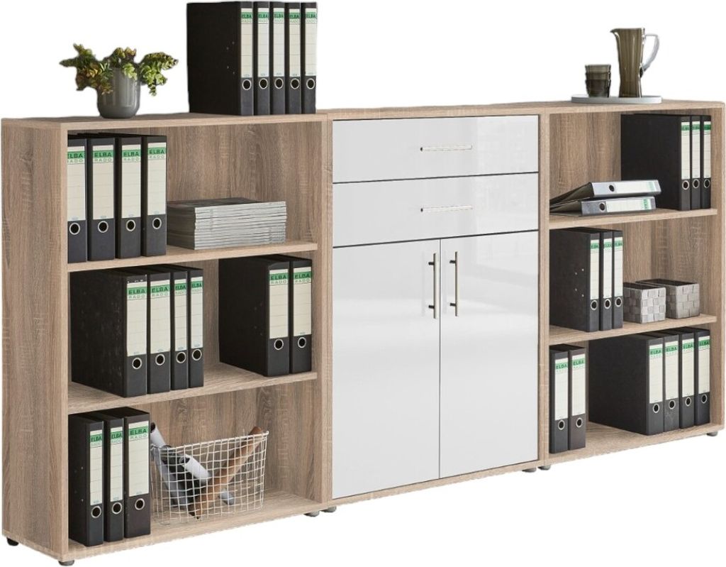 Aktenschrank TABOR 14 in Eiche Sonoma / weiß Hochglanz, Schrankwand, Büroschrank, Metallgriffe