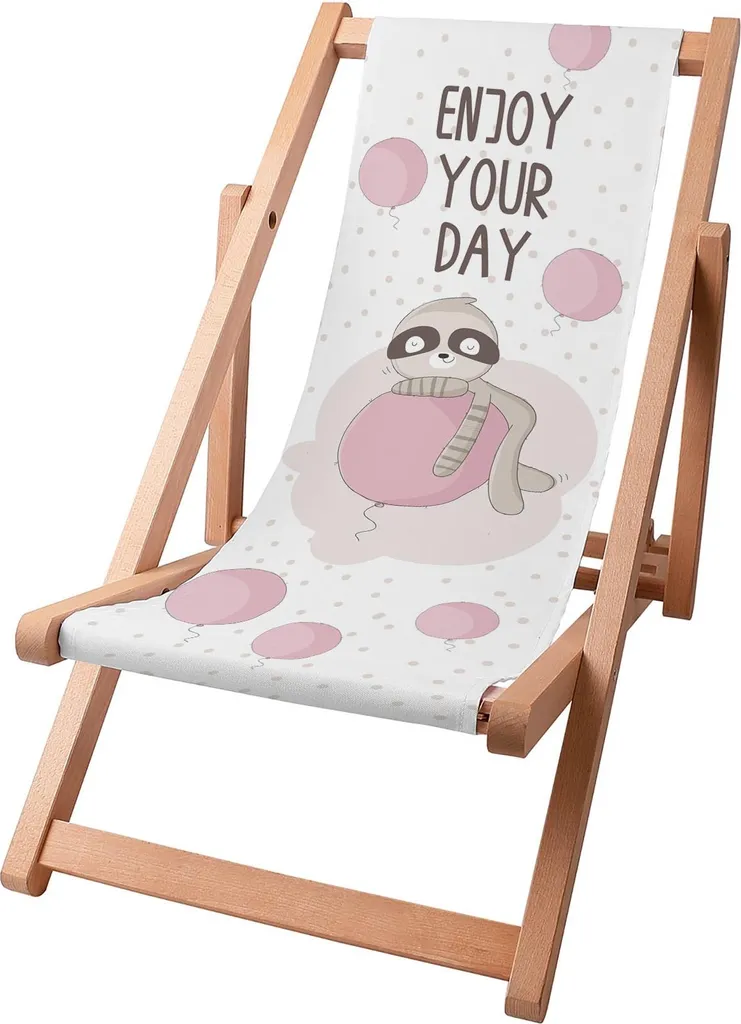 Sdraio per bambini Dreamroots pieghevole in legno, fino a 130 kg, sdraio pieghevole con regolazione dell'inclinazione dello schienale in 3 fasi, Enjoy Your Day