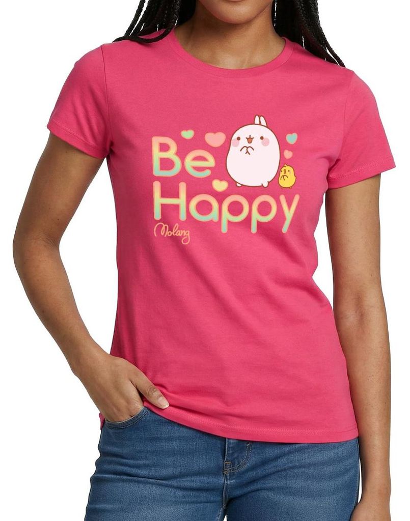 Spreadshirt Molang Piu Piu Be Happy Spruch Frauen T-Shirt, M, Azalea
