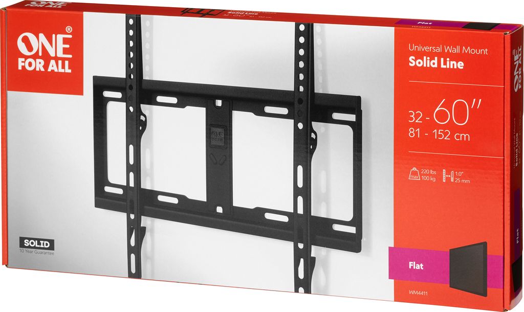 The image shows the packaging of a TV wall mount. The packaging is mostly white with red accents and features an image of the wall mount itself.