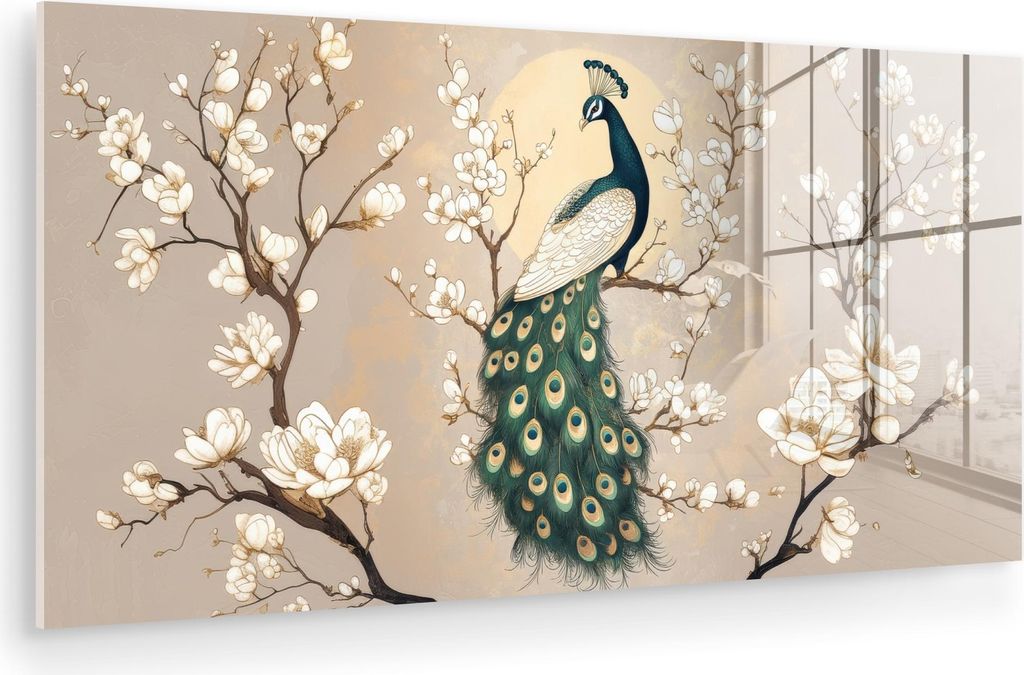 MuchoWow Glasbilder - Bilder auf Wandbild - Foto auf Glas Pfau - Zweig - Blumen 80x40 cm Wanddekoration aus Glas - Acrylglasbild - Acrylbilder - Wa...