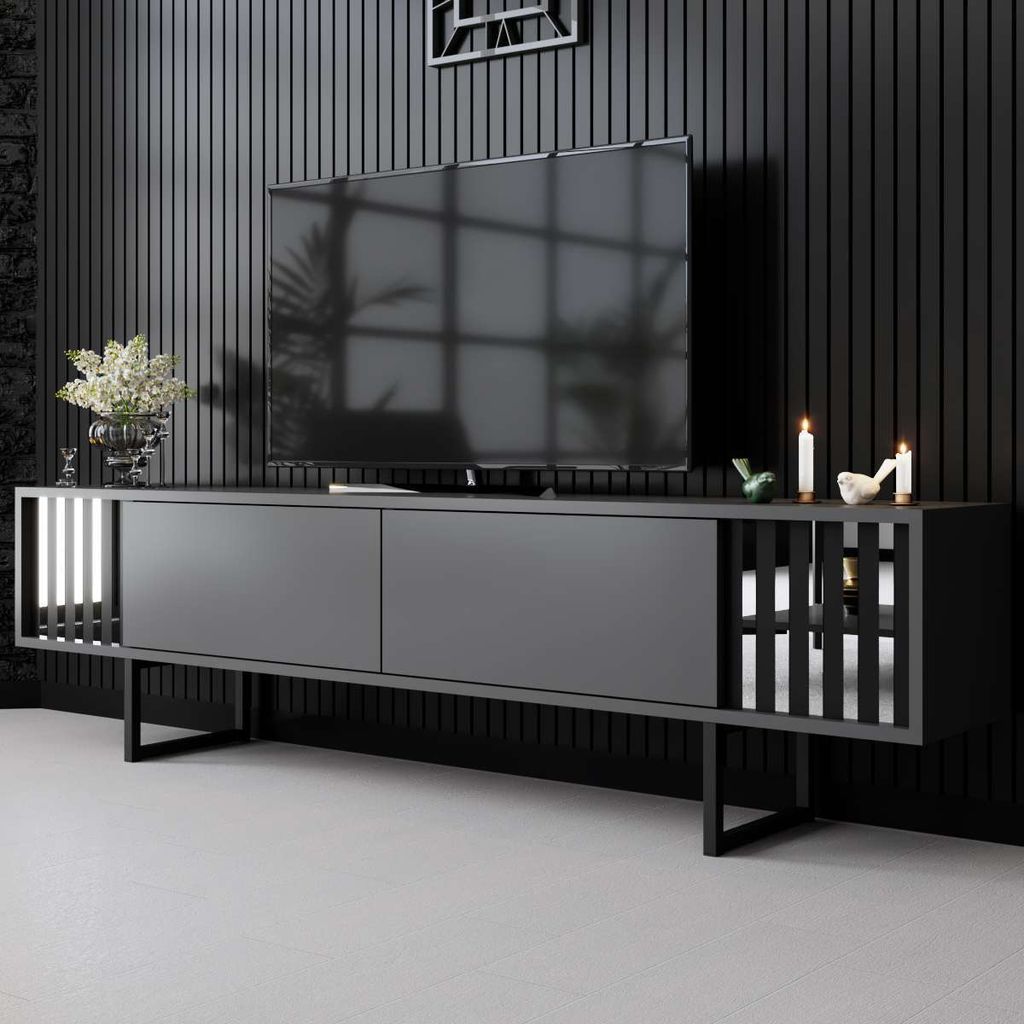 Skye Decor, Chrome Line - Anthracite, Black, TV-Ständer, Anthrazit, 100 % MELAMINBESCHICHTETE SPANPLATTEN, 180 x 48 x 30 cm