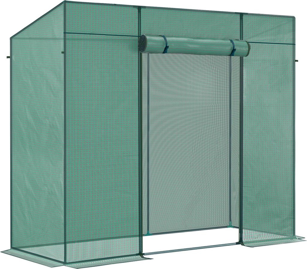 A green greenhouse with a roll-up door.