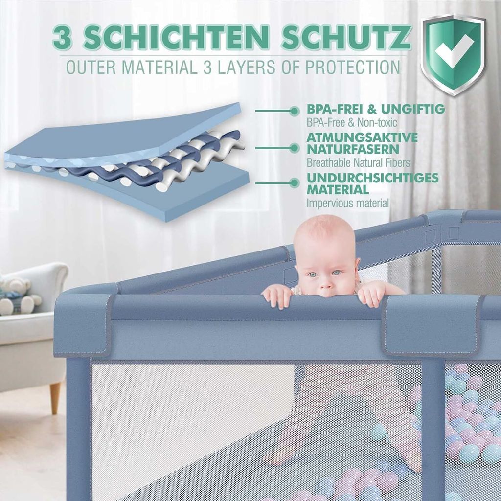 Homewell Laufstall Baby 150x200cm | Laufgitter Mit 2 Eingängen | 210D Oxford-Stoff & Saugnapf-Boden