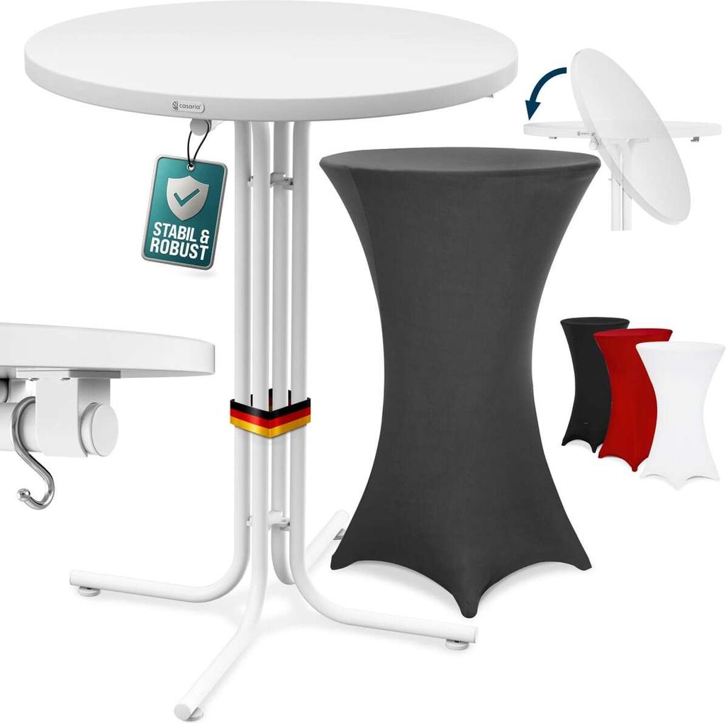 CASARIA Stehtisch mit Husse 70 cm Klappbar Grau Rund Holz Metall Pulverbeschichtet Wetterfest Hoch Set Hochzeit Bistrotisch Bartisch Garten Tisch