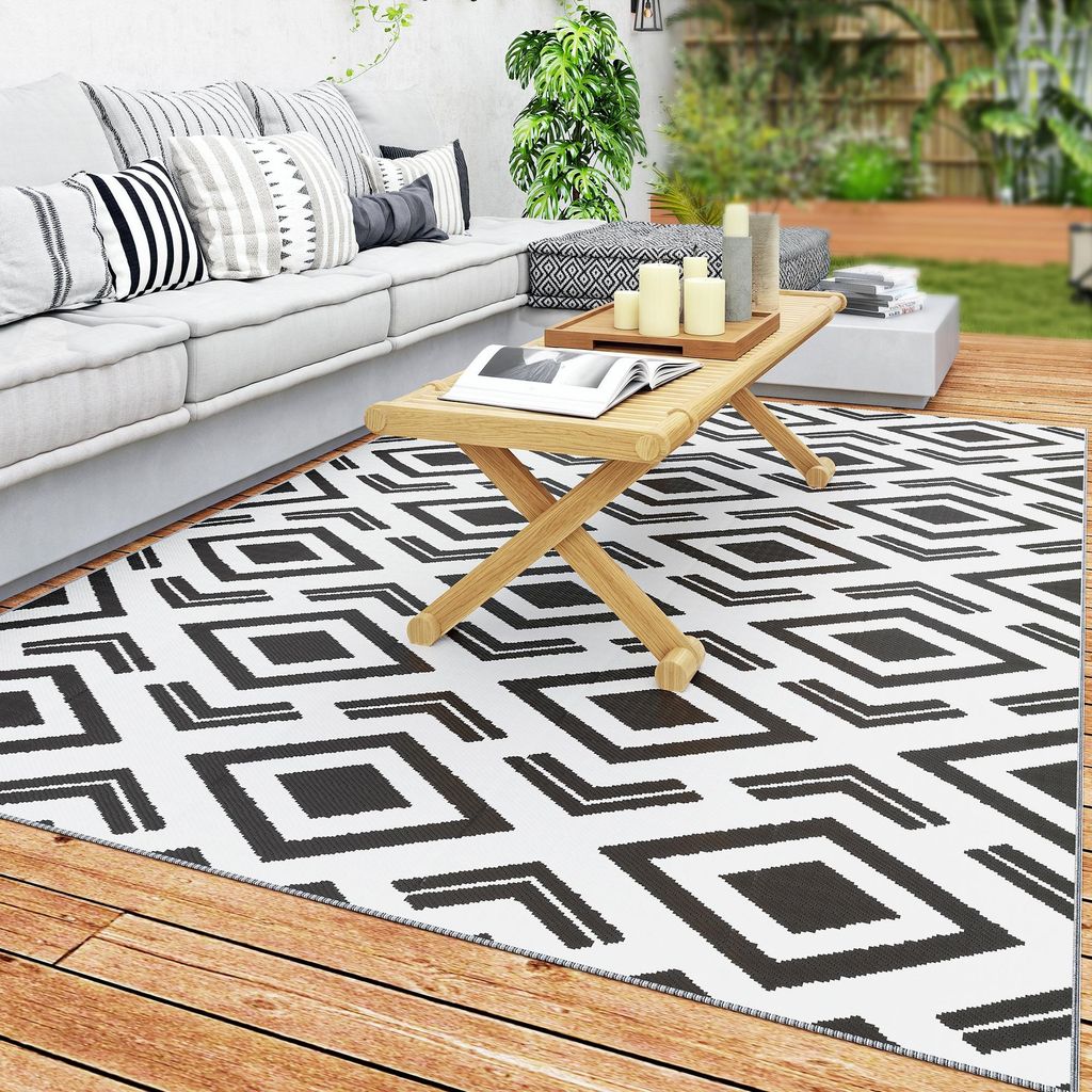Outdoor Teppich robuster Wetterfest Outdoorteppich mit Tragtasche. faltbar Carpet Boho-Style 182 x 274 cm Schwarz+Wei?
