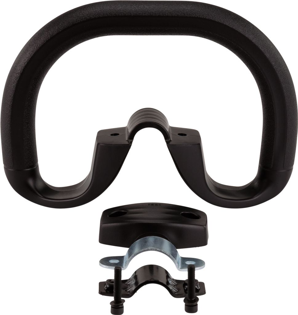 A black handle and mounting hardware are shown against a white background.
