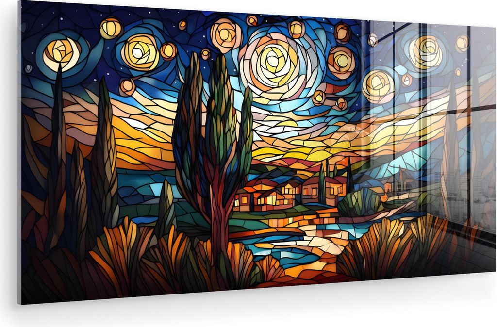 MuchoWow Glasbilder - Bilder auf Wandbild - Foto auf Glas Himmel - Sterne - Mosaik - Häuser 120x60 cm Wanddekoration aus Glas - Acrylglasbild - Ac...
