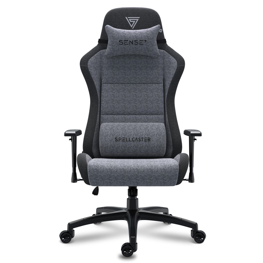 A gaming chair is shown from the front on a white background.