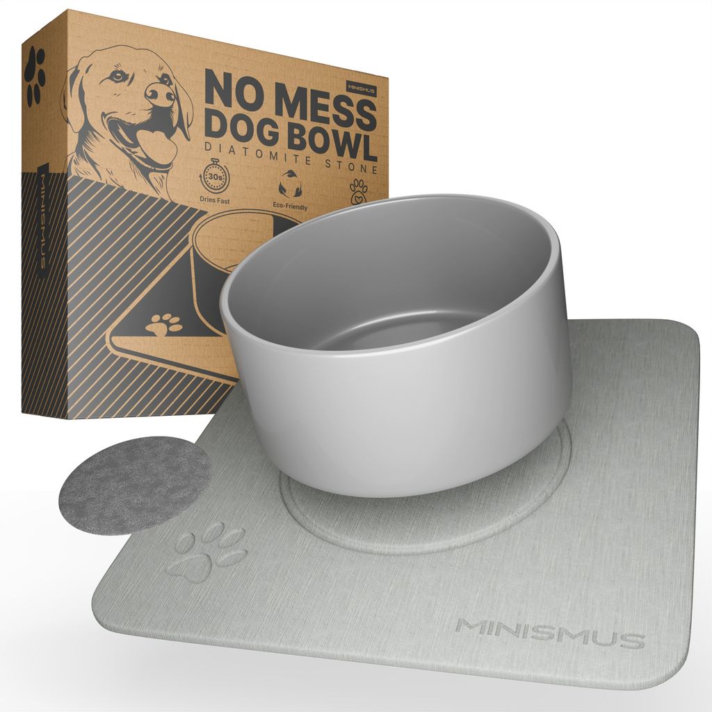 Minismus Hundenapf Set Keramik mit Diatomit Unterlage – rutschfest futternapf Hund, Wasserabsorbierende Fressnapf & Hygienisch, Grau