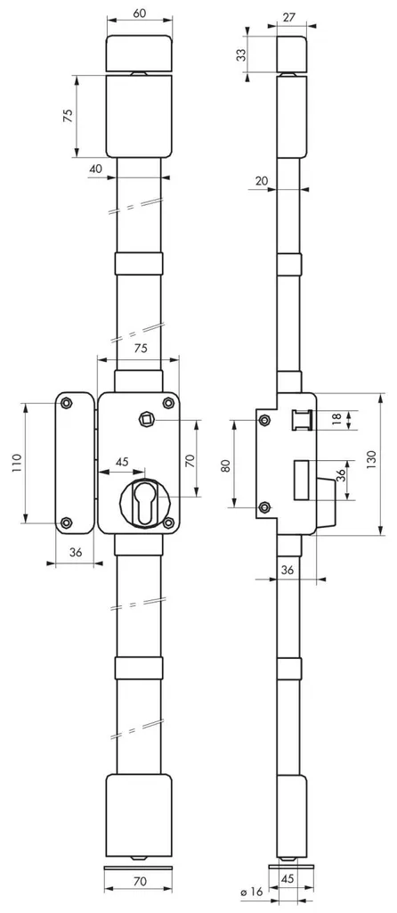 Serrure de porte d'entrée gauche 3 points Thirard Beluga axe 45mm grise