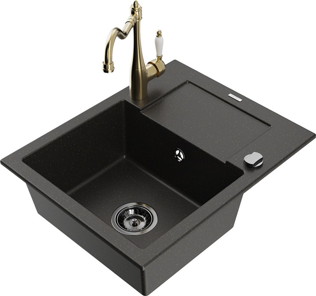 Mexen Enzo 1 Becken-Granitspüle mit Abtropffläche und Mischbatterie Carla, Schwarz/Gold metallisch - 6506-75-670700-50-B