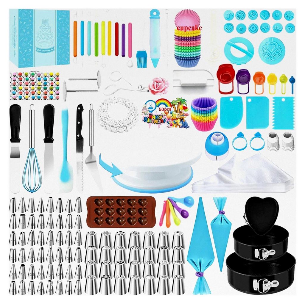 Torten Zubehör, Backzubehör, Drehbare Tortenplatte, Backset, Tortendrehteller, Spritztüllen Set, Backformen Set, Tortenform (442 Stücke)