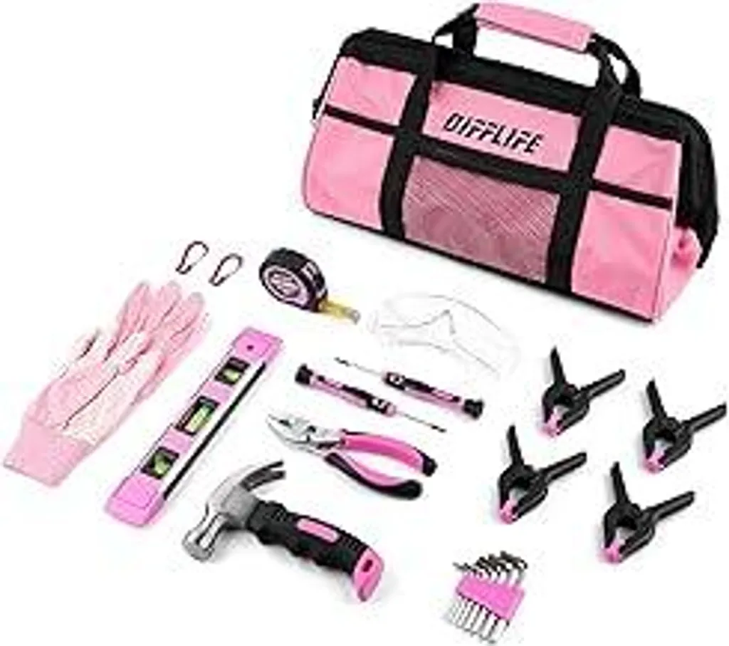 DIFFLIFE Set Utensili Rosa 25 Pezzi: Kit Attrezzi Casa con Borsa Pro