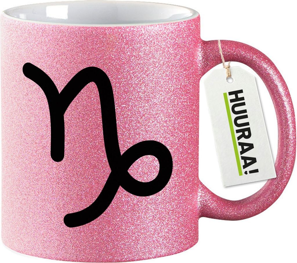 Huuraa Glitzertasse Steinbock Sternzeichen Zeichen 330ml Pink Keramik Kaffeebecher Geschenkidee