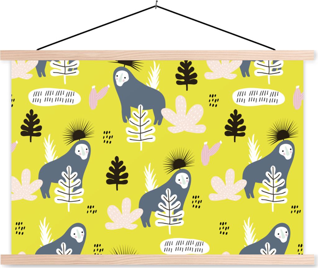 MuchoWow Textilposter Affe - Blatt - Gelb 120x80 cm mit holzfarbenen Rahmen - Aufhängeset