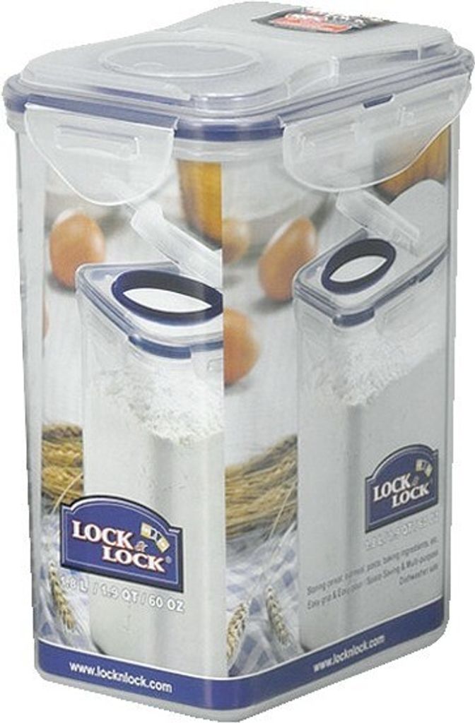 A collage of images showing a Lock & Lock food storage container filled with flour, with eggs and wheat stalks in the background.