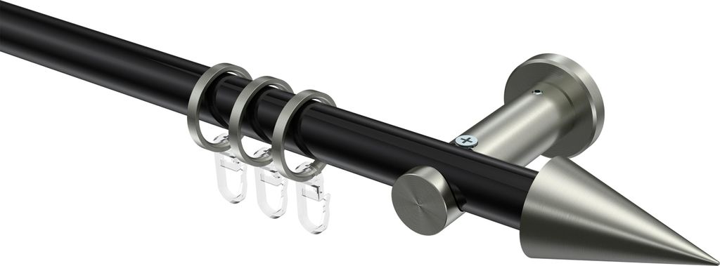 Interdeco Gardinenstange / Vorhangstange Schwarz / Edelstahl-Optik, Typ Platon Savio (Kegel), 20 mm Ø 1-läufig, 180 cm
