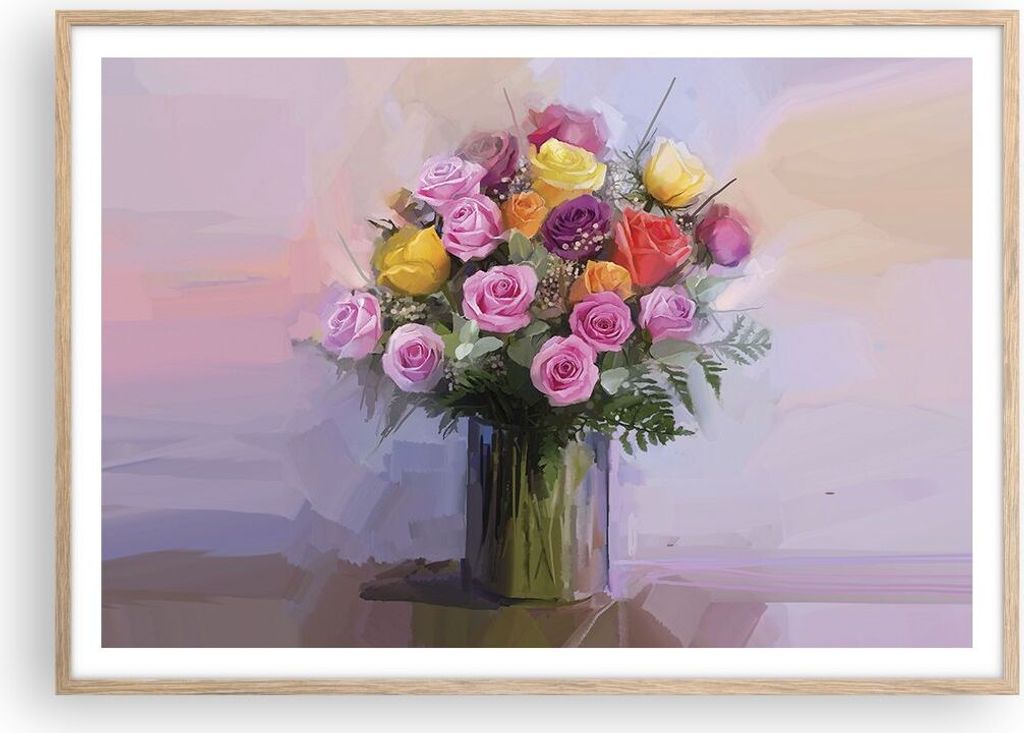 Gerahmtes Poster - Rahmen in heller Eiche - Blumen Vase Grafiken - 100x70 cm - Wand Bild - Wanddeko - Wandbilder - Wandposter - Bilderrahmen - Bild...