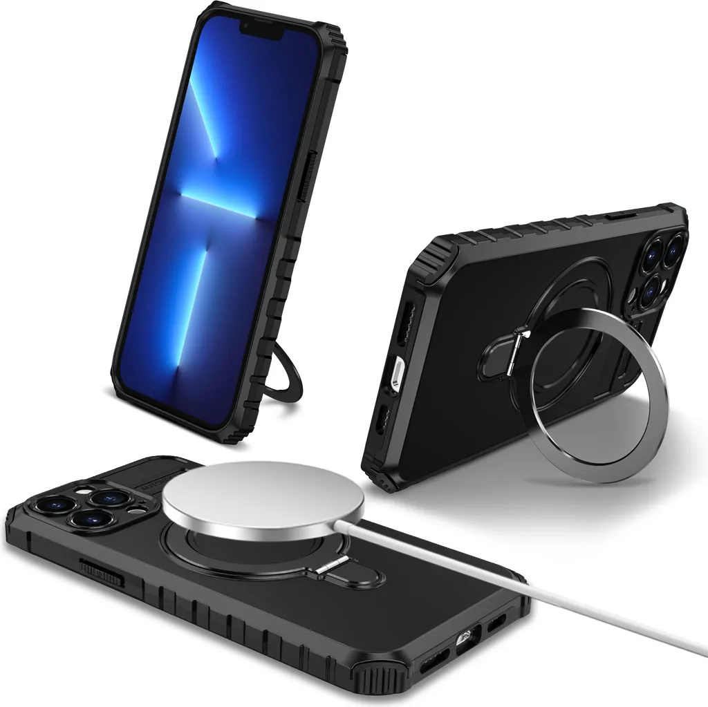 Per iPhone 13 Pro Max Case Magsafe Magnetic Ring Stand Custodia protettiva, Custodia per cellulare a doppio strato Nero