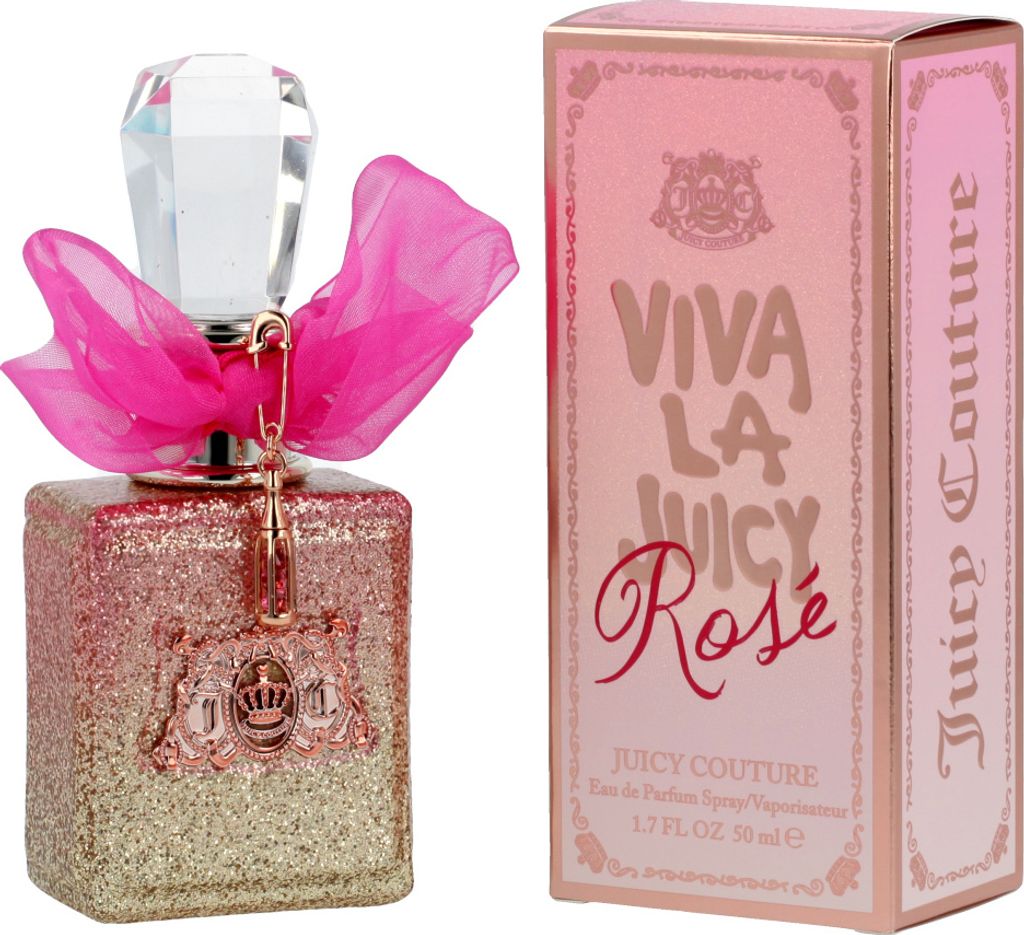 A bottle of Juicy Couture Viva La Juicy Rose Eau de Parfum and its packaging are displayed side-by-side against a white background.