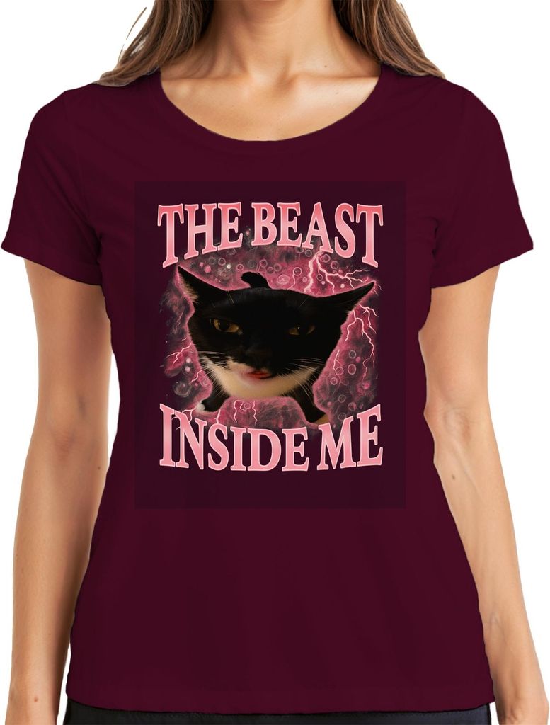 Die Bestie in mir ist unaufhaltsam schwarze Katze rosa Blitz Damen T-Shirt, Burgundy, 3XL