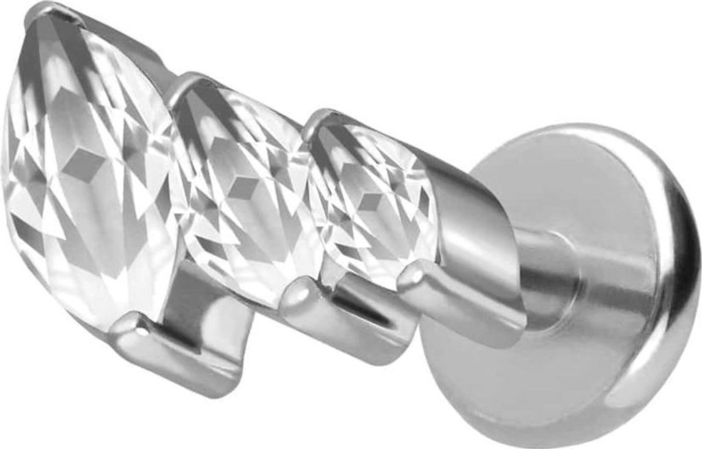 Ohrpiercing, Nasenpiercing Titan Labret mit Push Fit 3 EINGEFASSTE KRISTALLTROPFEN Silber Stablänge: 6mm | Stabstärke: 1,2mm