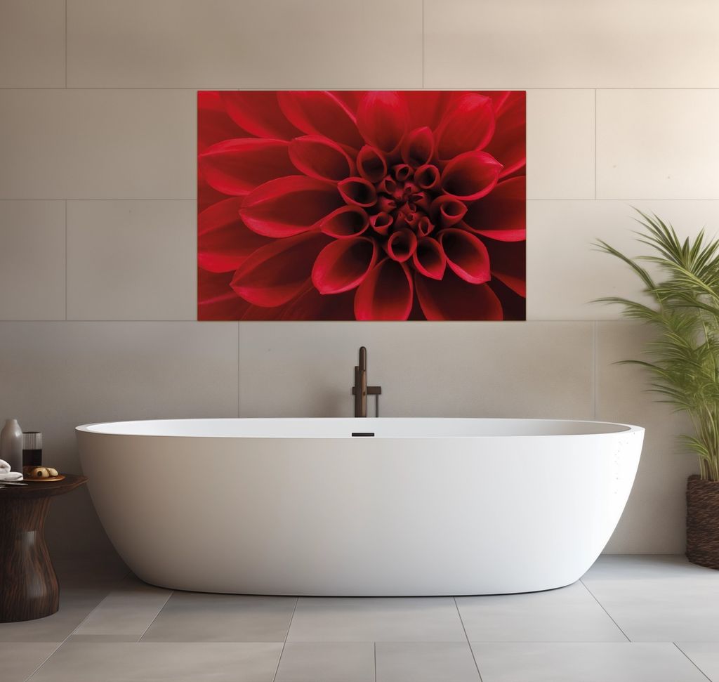 Wallario wasserfestes Poster selbstklebend 70 x 100 cm, Rote Dahlienblüte in Nahaufnahme, Badezimmerposter Spritzschutz mit Hochglanzoberfläche i...