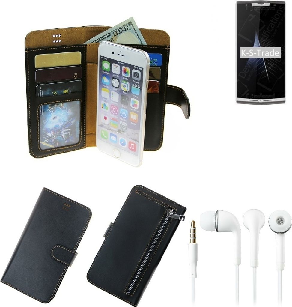 TOP SET Portemonnaie Schutz Hülle kompatibel mit Oukitel K10000 Mix schwarz aus Kunstleder + Kopfhörer Walletcase Smartphone Tasche vollwertige