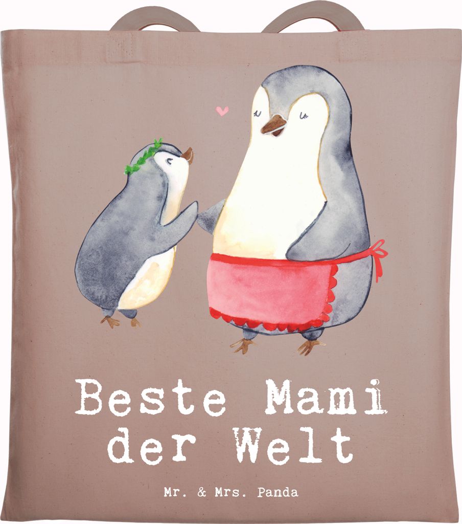 Mr. & Mrs. Panda Schultasche Pinguin Beste Mami der Welt - Braun Pastell - Geschenk, Tote Bag, Mutti, Mama, Dankeschön, Shopping Tasche, Ma, Juteb...