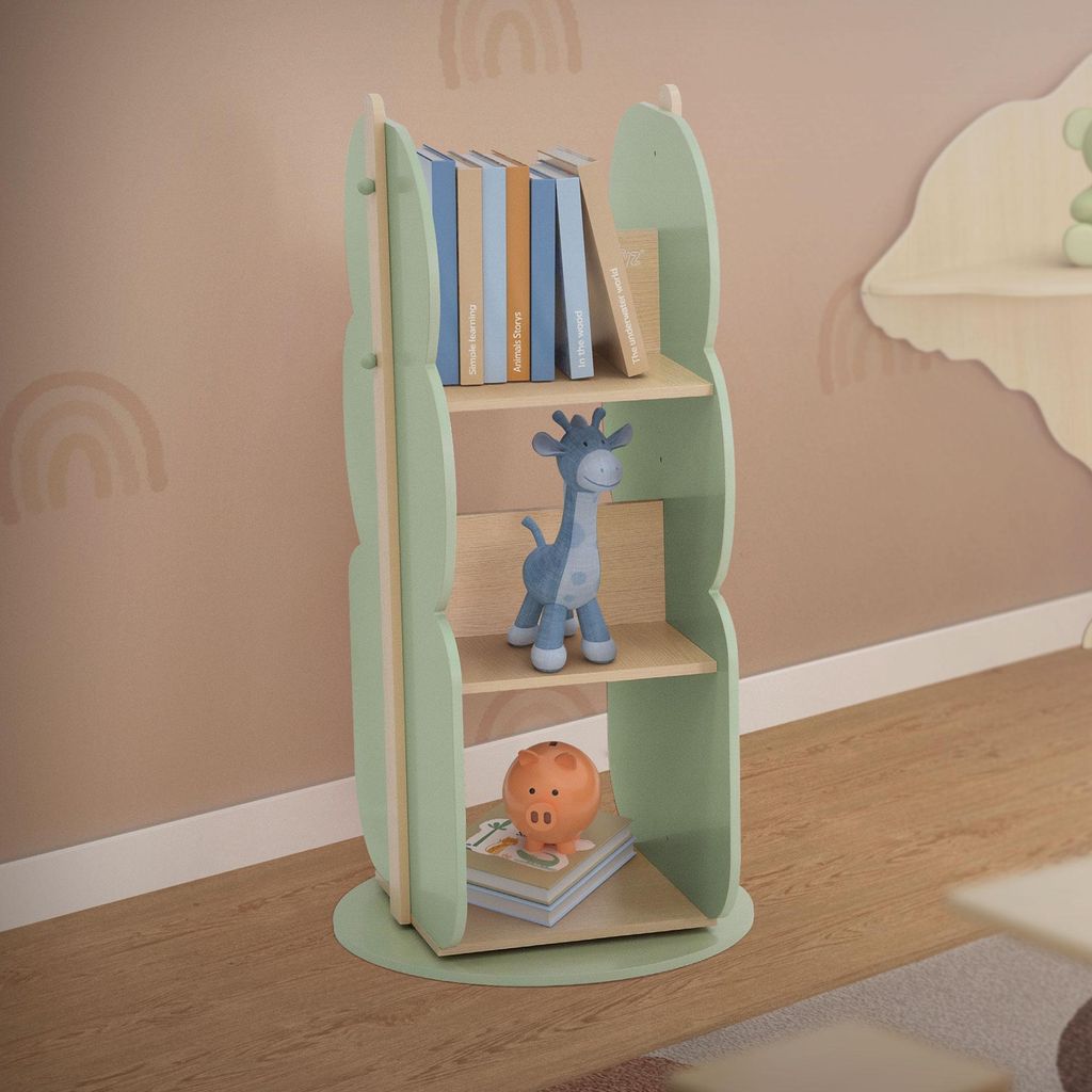 Joyz Bücherregal Baum-Form, Ø 48x96cm, Grün-Natur, 2 Seitiges Kinderregal aus Holz mit 5 Regale, Kinderzimmerregal 360° drehbar, Aufbewahrungsr...