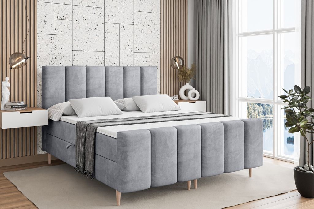 ALTDECOR Boxspringbett mit Holz Füßen, Matratze und Lattenrost, Topper, Fußteil, Polsterbett mit Bettkasten, Bett mit Stauraum H3-Matratze, Dopp...