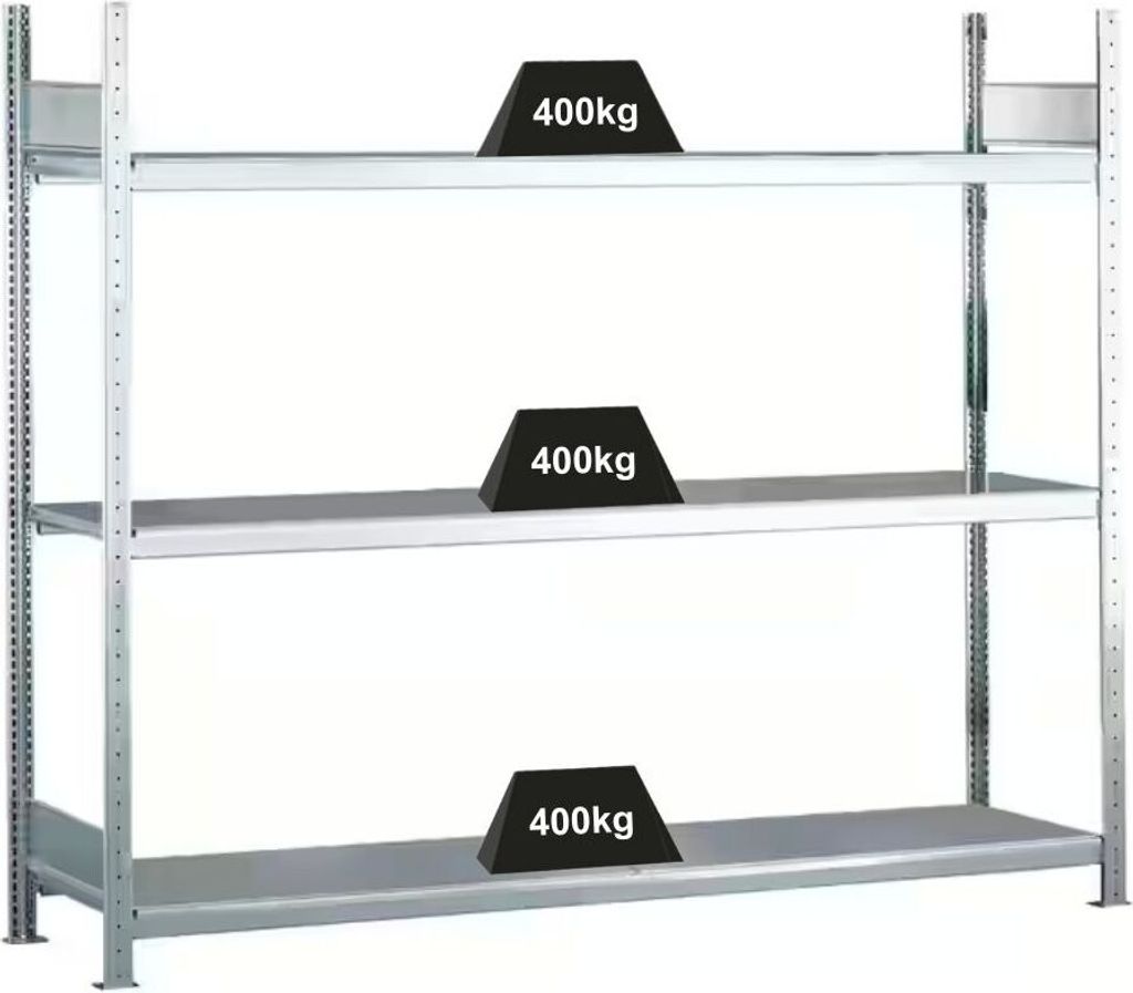 Schulte Weitspannregal mit Stahlböden WS 2000 | Grundregal | HxBxT 200x150x80cm | 3 Ebenen | Fachlast 400kg | Verzinkt