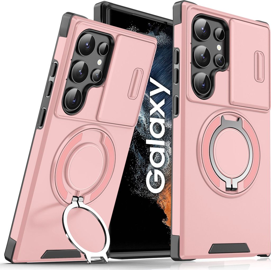 Handyhülle für Samsung Galaxy S22 Ultra 5G Dual-Layer Stoßfest Militär Hülle mit Dia Kameraschutz und Magnetisch Ring Ständer Pink