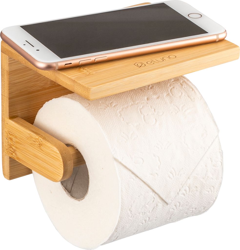 eluno Toilettenpapierhalter mit Ablage aus Bambus, zum Kleben mit 3M Kleber oder zum Bohren