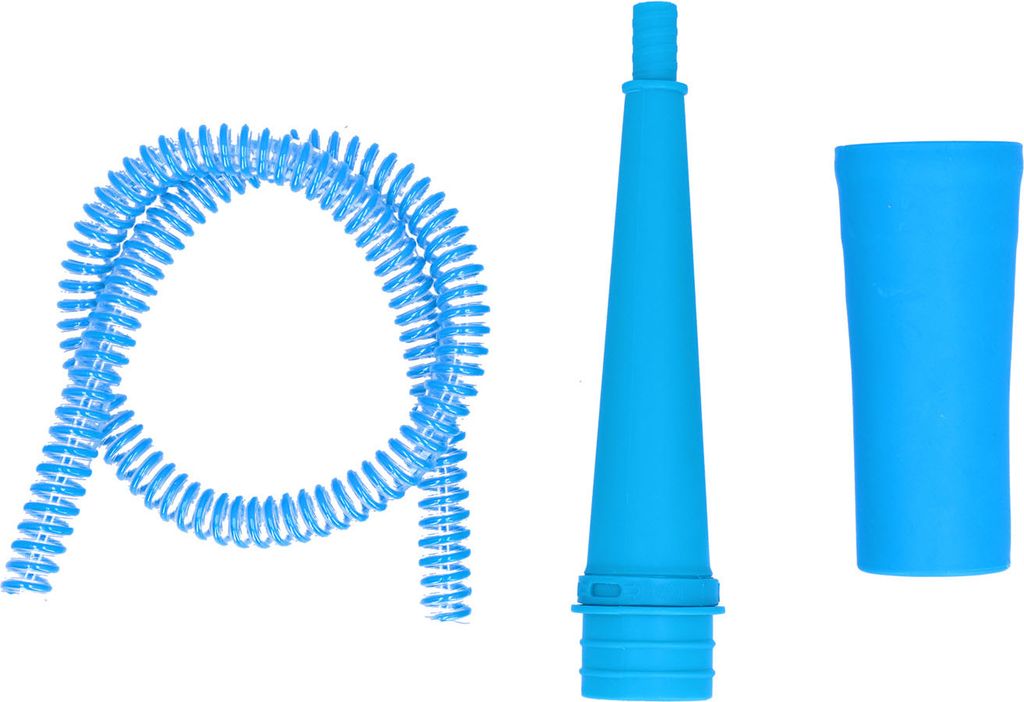 Three blue cleaning accessories are laid out on a white background.