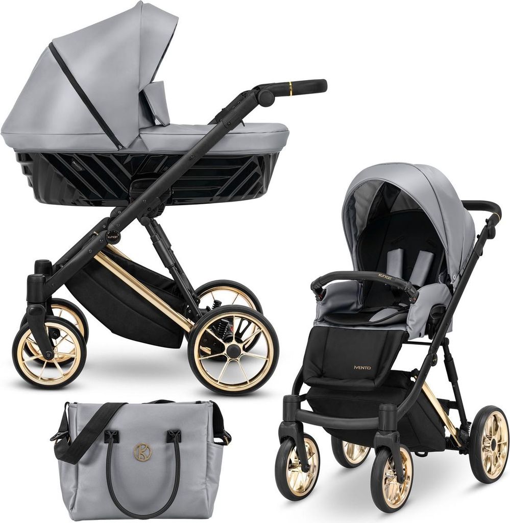 Kunert Ivento Premium 2in1 Kinderwagen in Grau mit Goldrahmen
