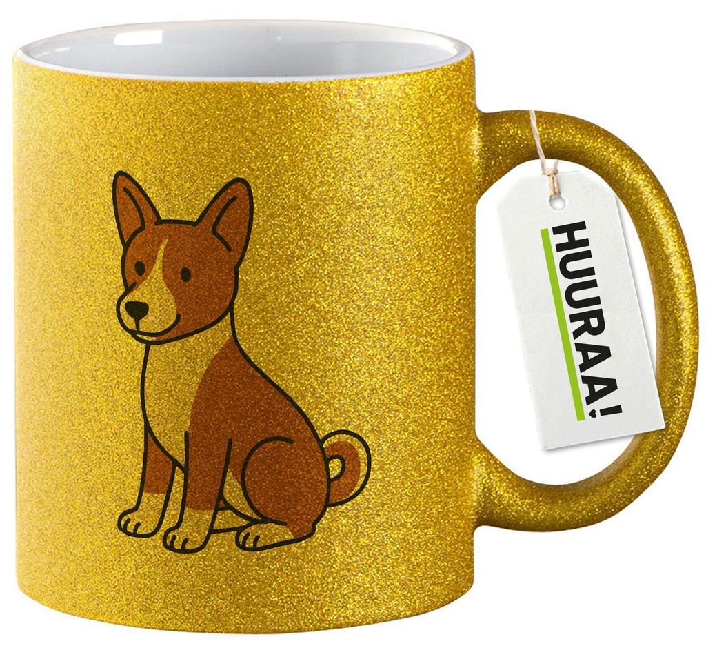 Huuraa Glitzertasse Basenji Comic Basi 330ml Gold Keramik Kaffeebecher Geschenkidee