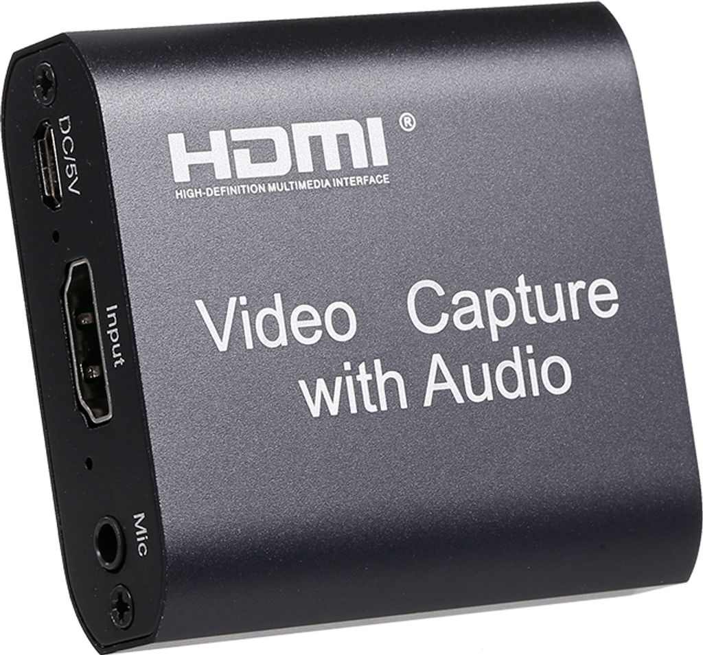 A black video capture device with HDMI input and audio ports.