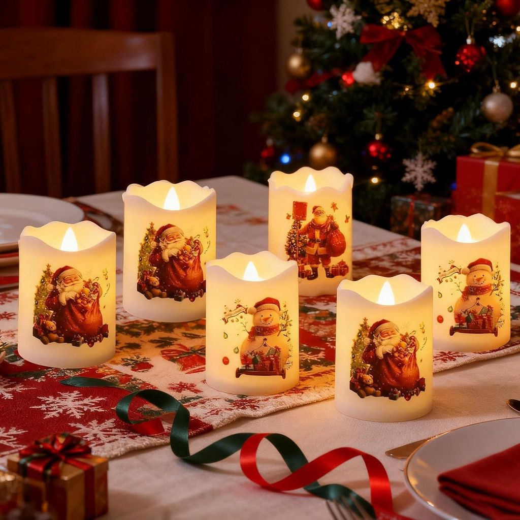 6er Set Flammenlose LED Weihnachtskerzen – Mit Weihnachtsmann-Motiv, ABS, Warmes Flackerlicht, Batteriebetrieben, Sicher Für Kinder &