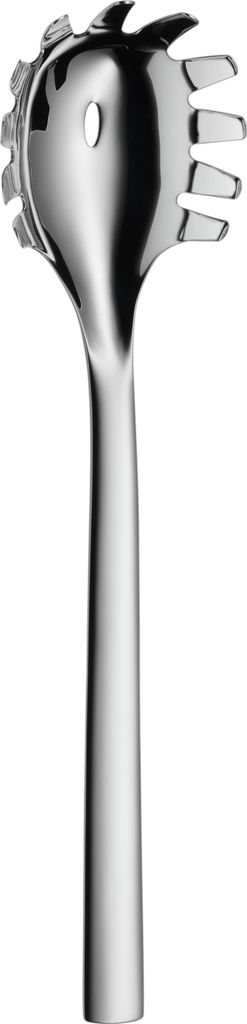 A stainless steel spaghetti server with a hole in the center of the bowl and tines for gripping pasta.