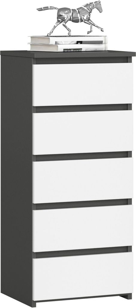 3xEliving Kommode, Sideboard mit 5 Schubladen (B:40cm x H:92cm x T:35cm) in Graphit Grau & Weiß